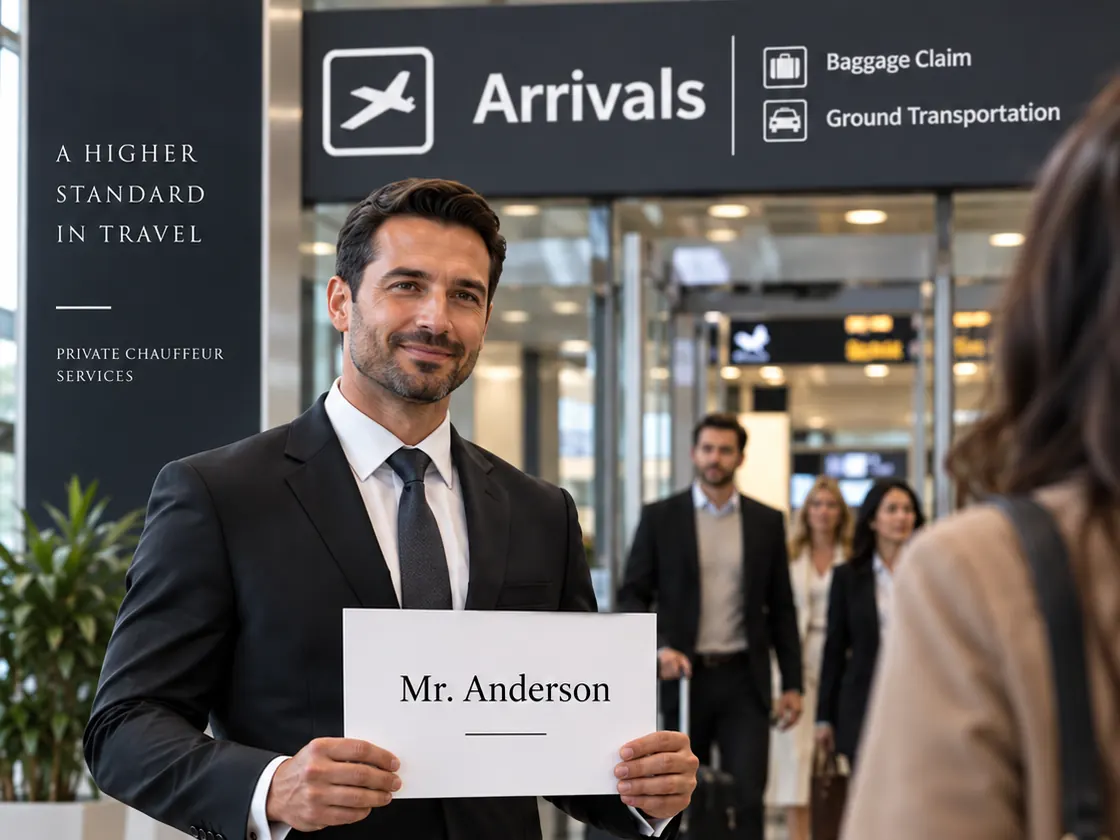 Chauffeur holding a name board in the arrivals hall at Nice Airport
